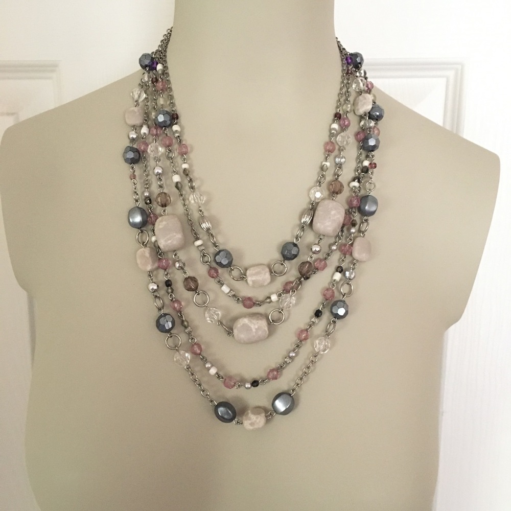 Lia Sophia purple silver and grey stone five tiered necklace.
